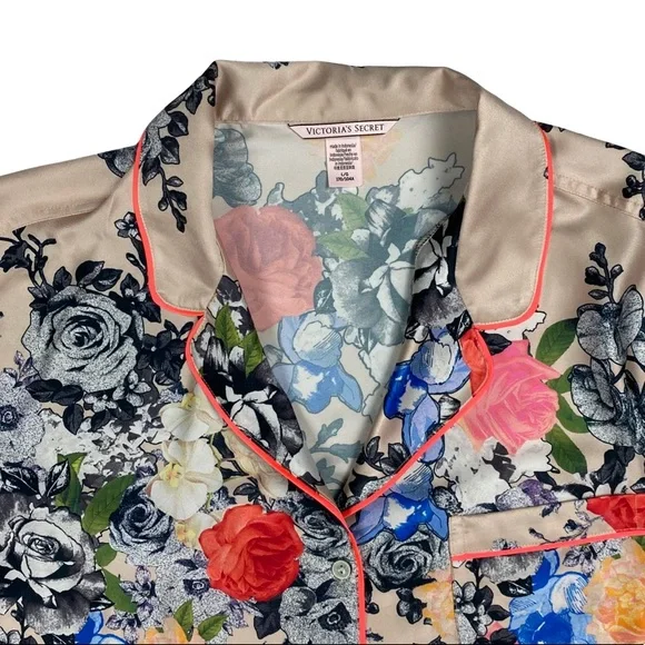 Silky Victoria’s Secret Pajama Top, Floral Button-up w/ Neon Pink Piping, Pocket - Picture 3 of 14
